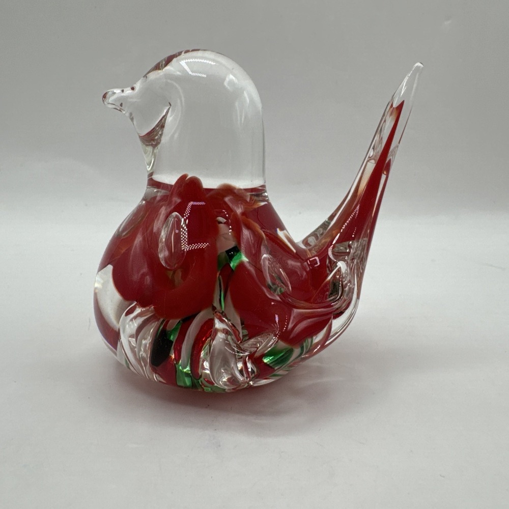 Vintage‎ Joe Rice Art Glass Bird Paperweight Red Green Floral Controlled Bubble